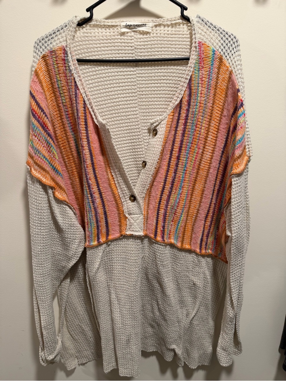 Impressions Cream Knit Sweater with Multicolor Striped Yoke
